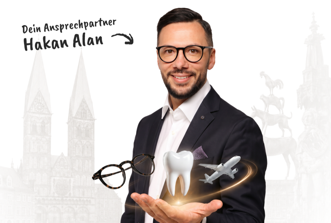 Hakan – dein Zahnschutz- und Brillenexperte aus Bremen, vor den Bremer Wahrzeichen