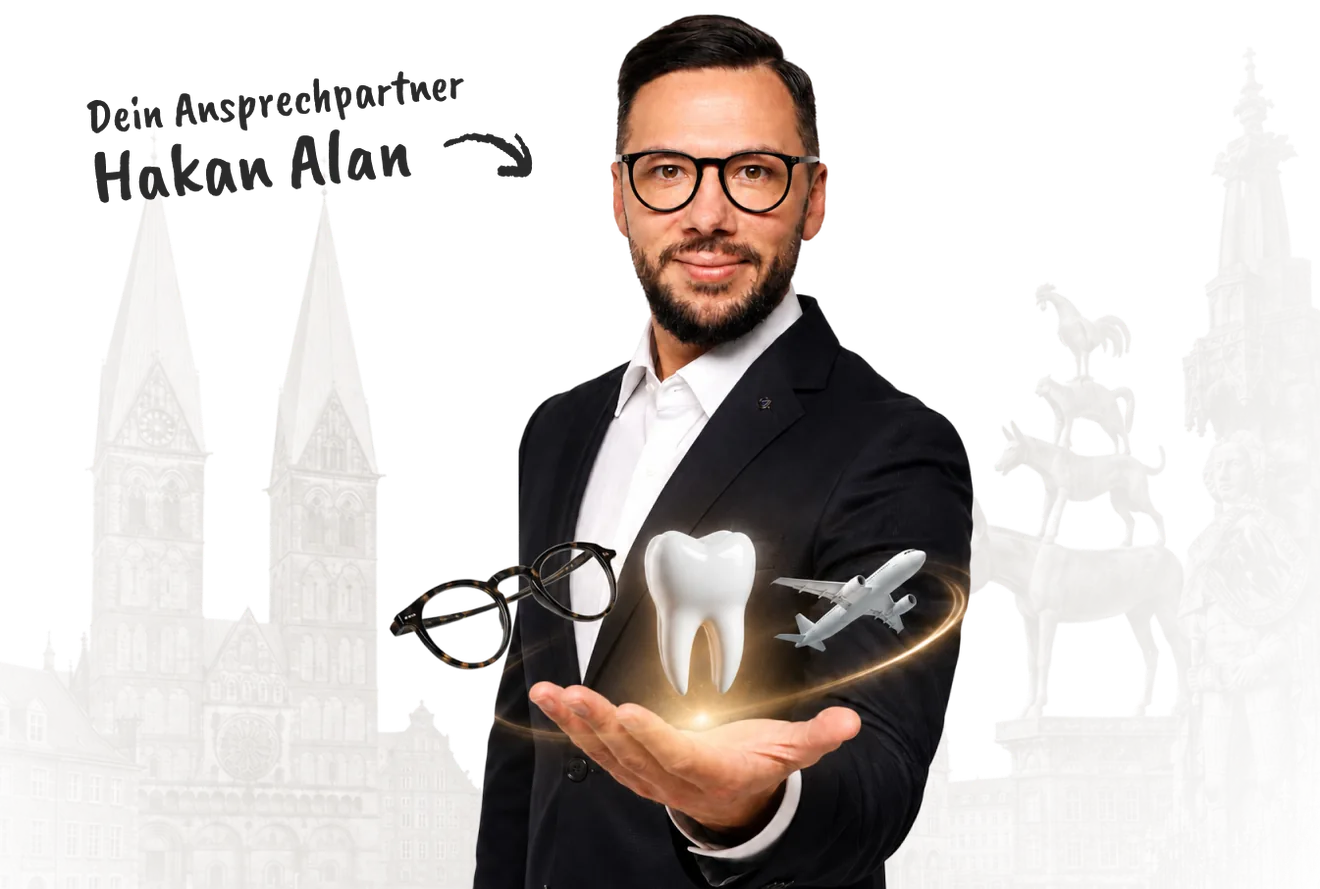 Hakan – dein Zahnschutz- und Brillenexperte aus Bremen, vor den Bremer Wahrzeichen